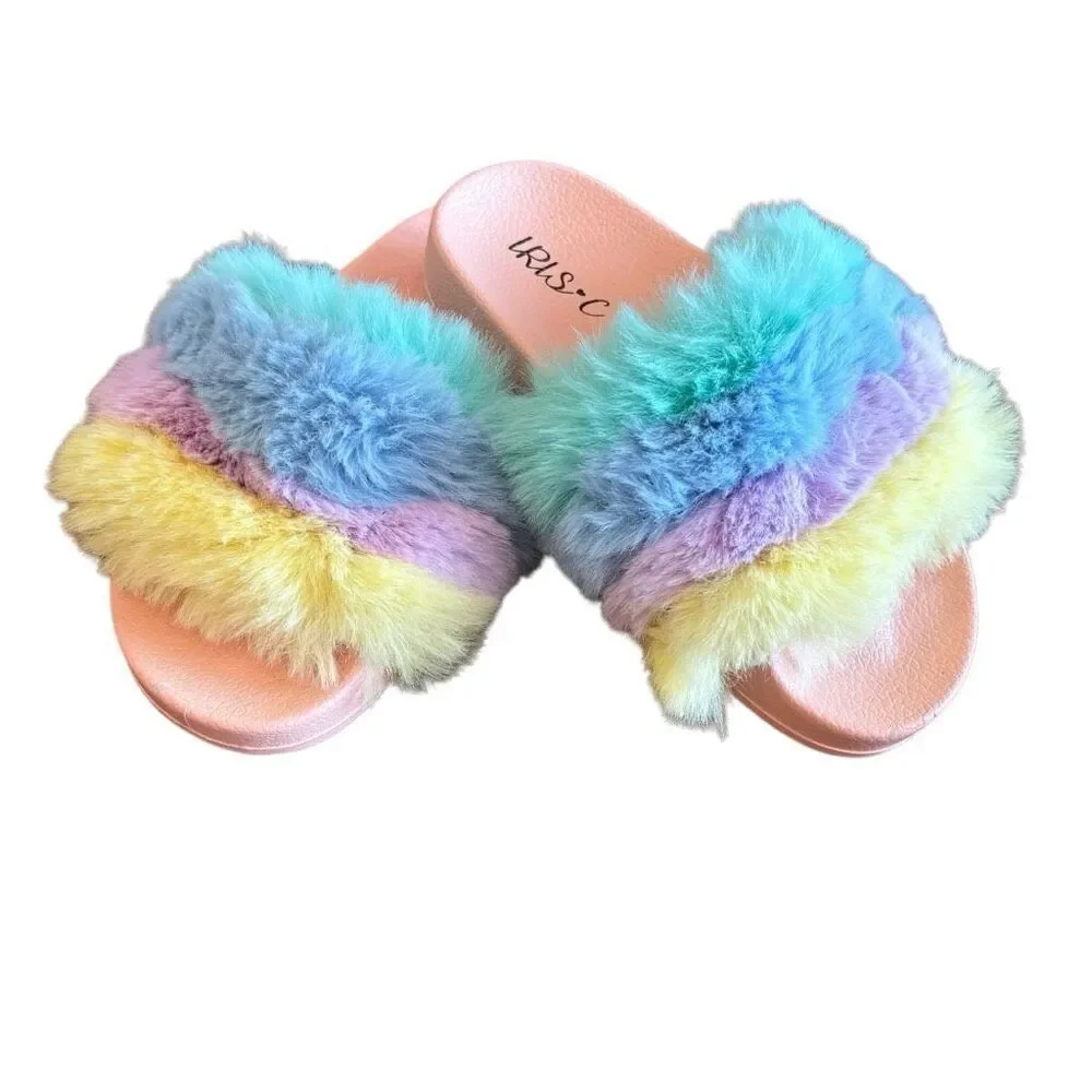 Iris C Furry Slides Faux Fur Rainbow Plush Pink Slipper Size 11